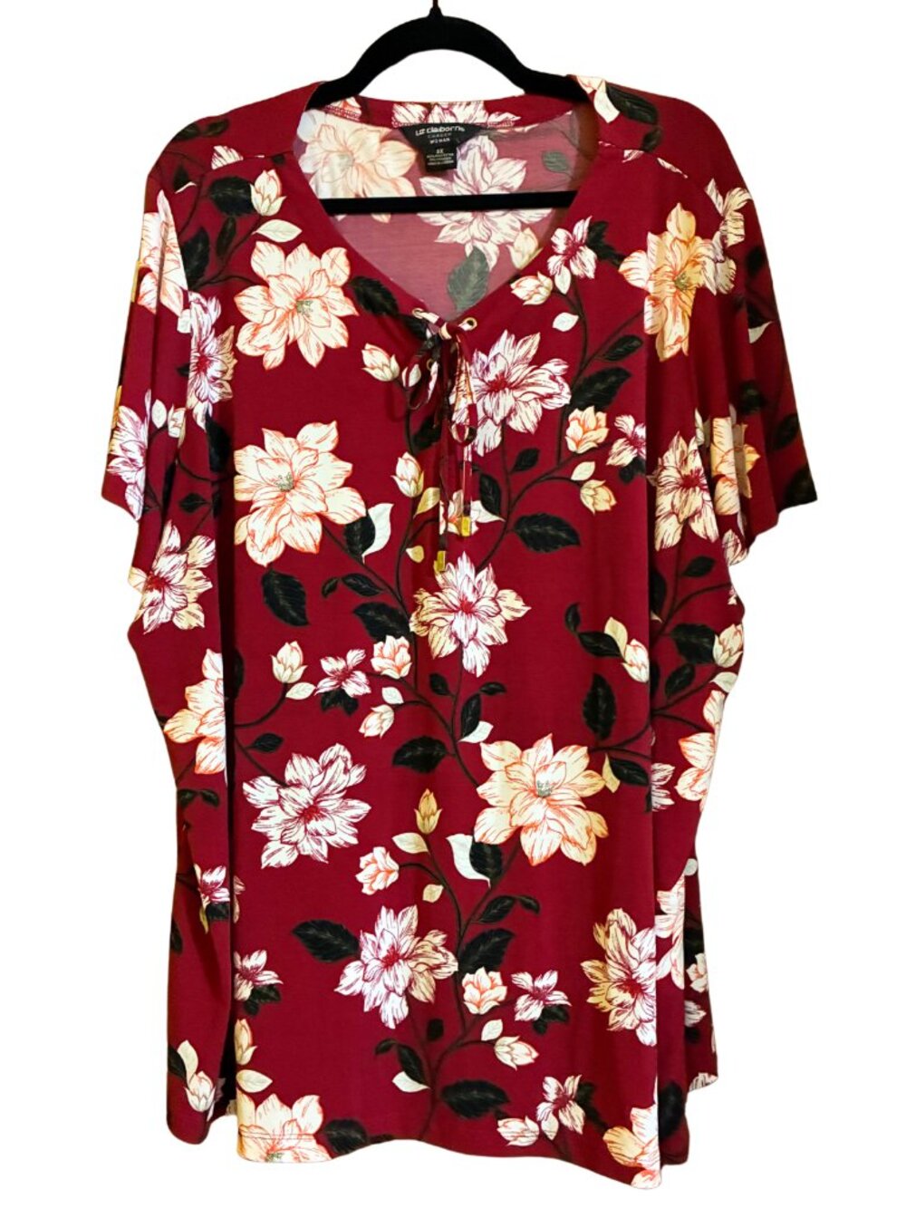 Liz Claiborne 3X Garden Floral Tunic Blouse Burgundy Lace Up Plus Career Top